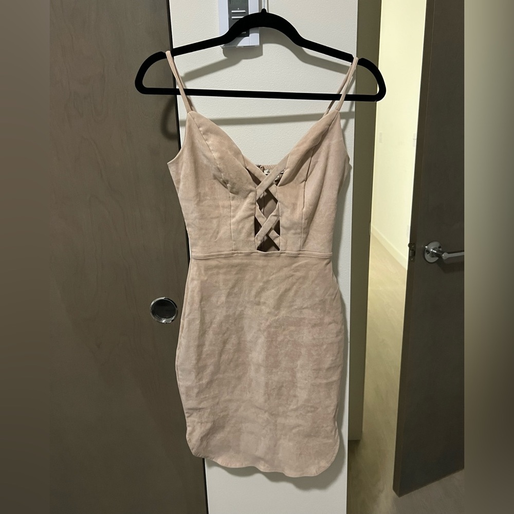 Nude suede body con dress